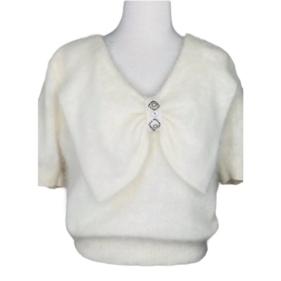 I B DIFFUSION Angora Sweater Dolman Sleeve Ivory Beaded Bow Accent Vintage Top - Picture 6 of 11